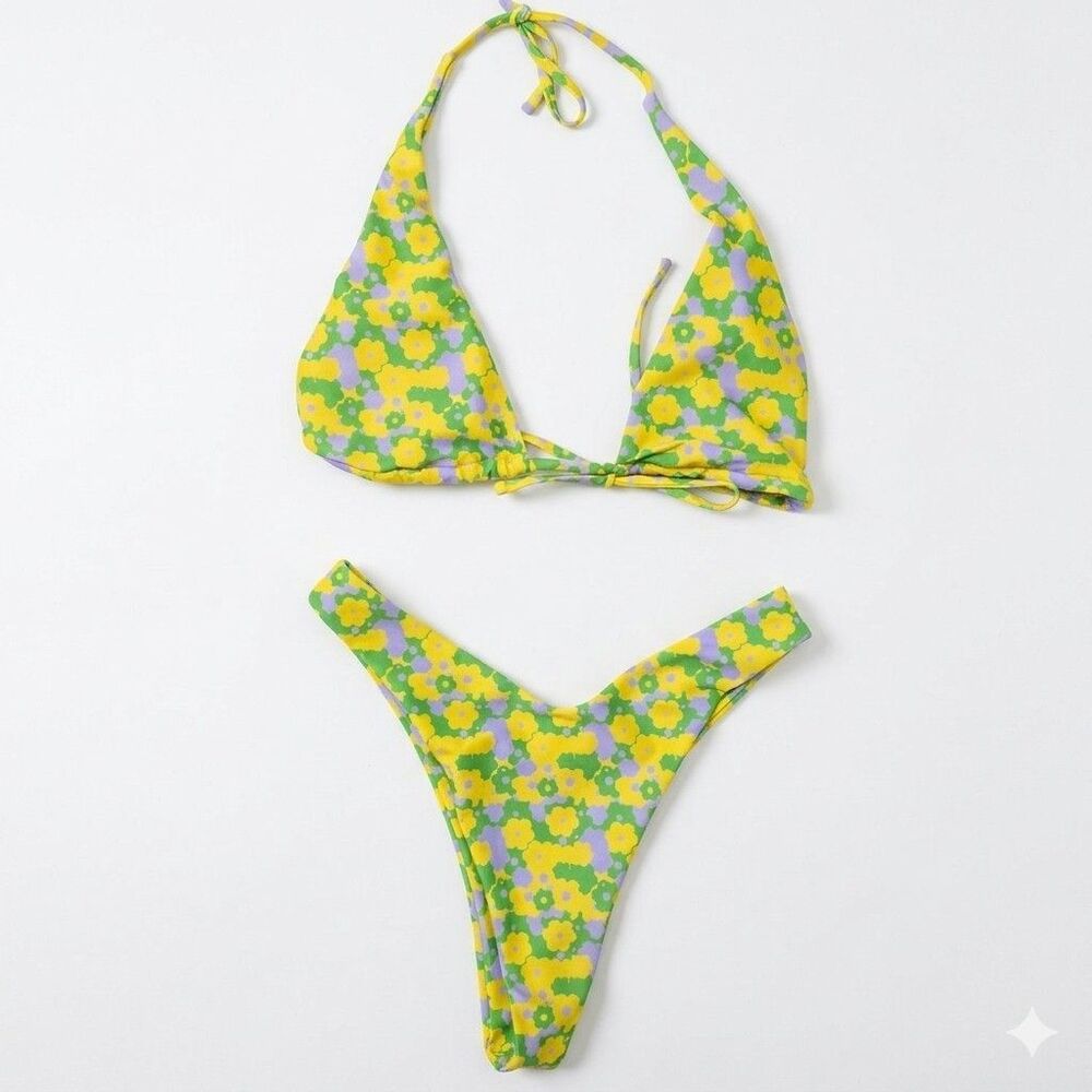 Womans 2 Piece Bikini Set Size M Yellow Floral Halter Thong Adjustable Strap